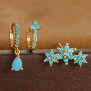 NEW! Vintage Style Dainty Floral Hoop & Stud Earrings Set – Lightweight Faux Tur